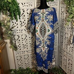 BEAUTIFUL BLUE & WHITE WITH MULTICOLORS & PATTERNS SHORT SLEEVE KAFTAN DRESS
